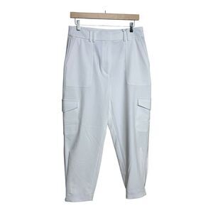 Express White high-waisted cargo pants with elastic waistband, pockets and zippe